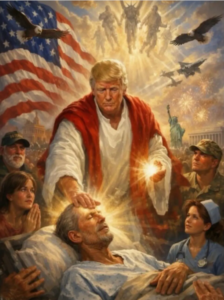 Icon of Donald Trump with light streaming from his hands healing a sick man by contact with his head while people kneel around in a prayer posture gazing at him in adoration and armed heavenly beings fly out of a light above his head. Image generated using AI and posted on Truth social by Mr Trump himself according to reports.
